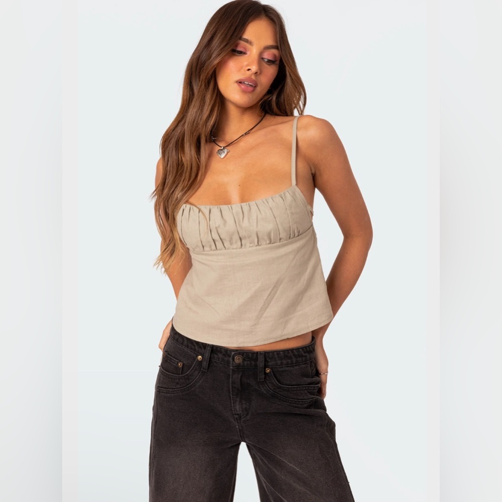 Edikted Linen Look Open Back Top in Olive
